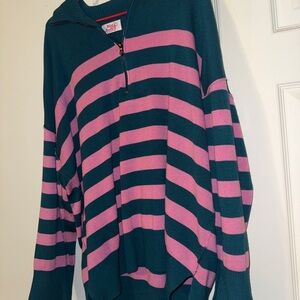 Striped Half-Zip Sweater in Teal & Pink